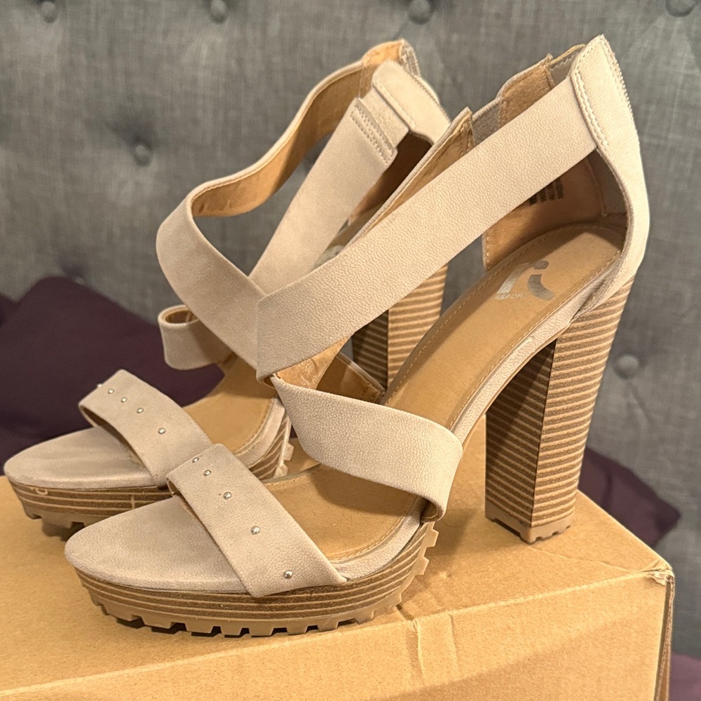 Report Tan Strappy Platform Heels